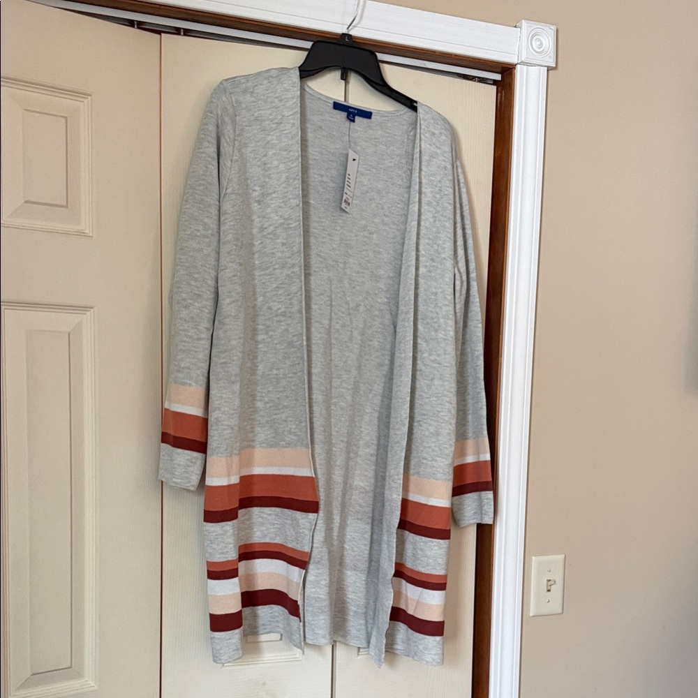 Gray Cardigan with Striped Hem